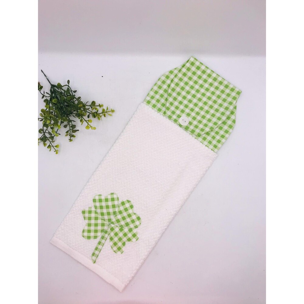 Hanging Kitchen Towel: St. Patricks Day Green Gingham Topper, Button Closure